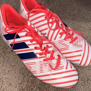 Adidas Red and White Soccer Cleats with Blue Stripes